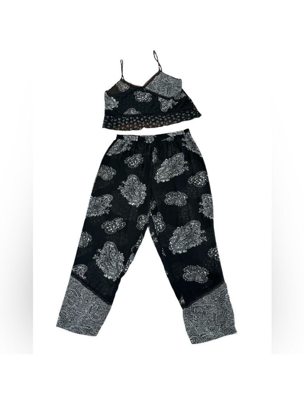 90s 2PC DELICATES BOHO SHEER BLK & CREAM PAISLEY CROP TOP & WIDE LEG PANT SZ XL - Picture 10 of 16